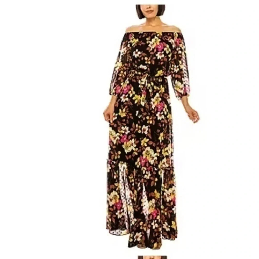 Premier Amour Off The Shoulder 3/4 Sleeve Floral Maxi Dress | Black |